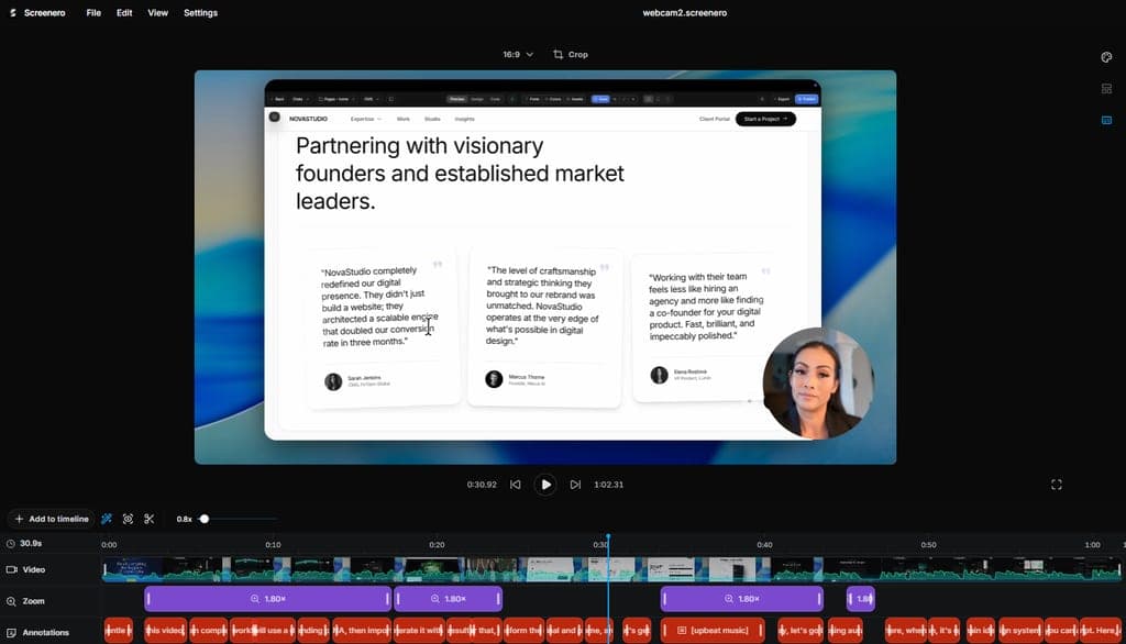 The Screenero editor adding zooms, captions and a background to a recording